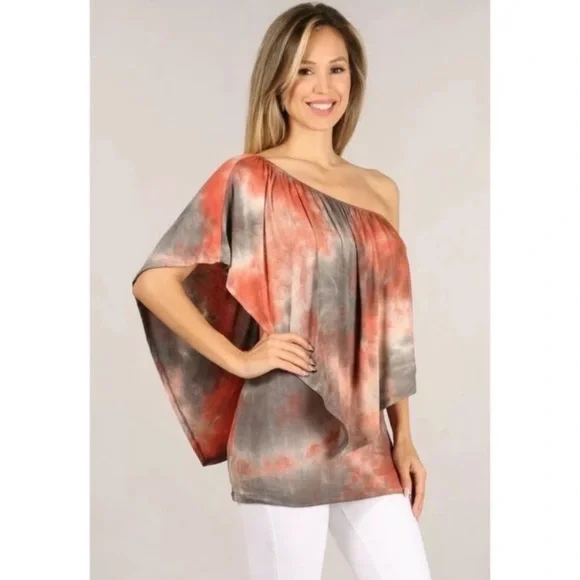 Rust Gray Multi Way Tie Dye Boho One Shoulder Top - Picture 5 of 7